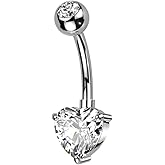Pierced Owl 14GA ASTM F-136 Implant Grade Titanium Prong Set CZ Crystal Heart Belly Button Ring