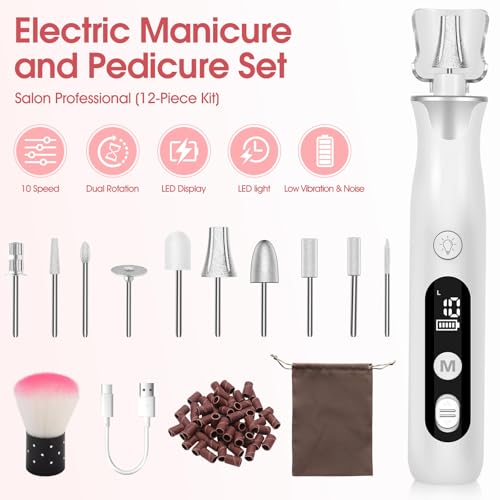 Electric Nail Drill,Professional Manicure Pedicure, Portable Cordless Rechargeable Nails File Machine for Gel/Acrylic/Natural/Thick Toe Nails with 10 Adjustable Speed 15000RPM 10 Bits 60 Sanding Bands