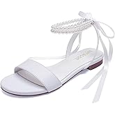 PALSCOU Wedding Shoes for Bride Flat Sandals Open Toe Pearl Bridal Shoes Flat Wedding Sandals