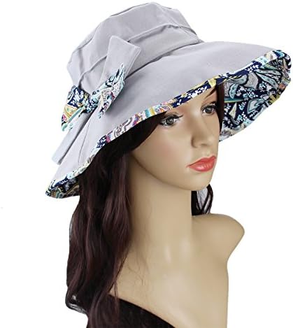 Womens Sun Hat Beach Summer Flap Cover Cap Cotton Anti-UV UPF 50+ Sun Shade Hat With Bow Wide Brim Chain Strap Adjustable Hat