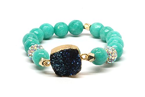 Southern Charm Gifts WOMEN'S FASHION DRUZY AGATE BEADED STRETCH BRACELET DARK BLUE STONE WITH GLOSSY SEA GREEN BEADS