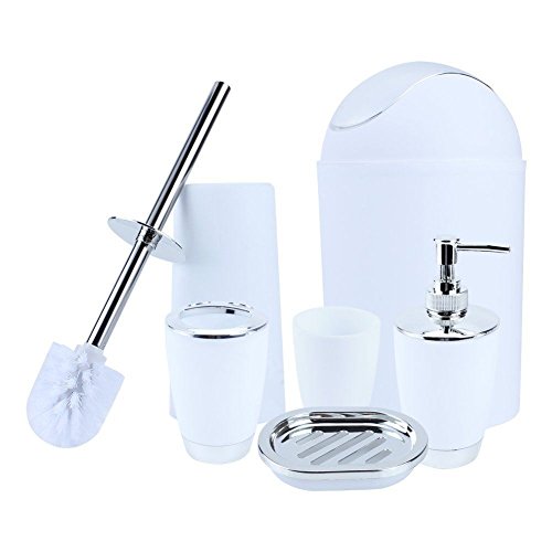 Zuvo 6 Pcs Plastic Bathroom Accessory Set Luxury Bath Accessories Bath Set Lotion Bottles, Toothbrush Holder, Tooth Mug, Soap Dish, Toilet Brush, Trash Can, Rubbish Bin (White)