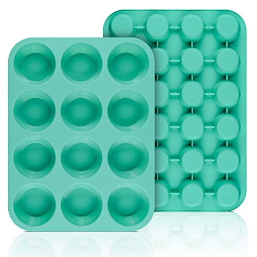 SJ European LFGB Silicone Muffin Pan, Mini 24 Cups and Regular 12 Cups Cupcake Pans, Food Grade Silicone Molds for Baking, Mint Green, Non-Stick & BPA Free, Pack of 2