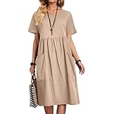 utcoco Womens Summer Cotton Linen T Shirt Dress Casual Loose Fit Crewneck Short Sleeve Midi Dresses with Pockets
