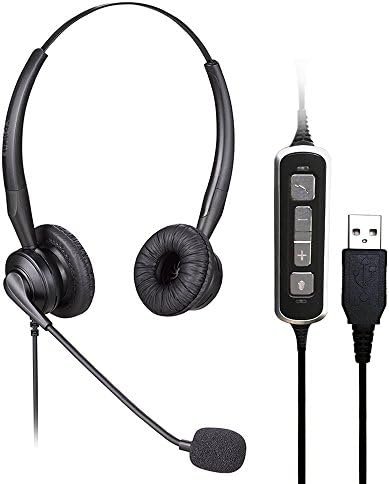 USB Binaural Headset with Microphone Noise Cancelling and Volume Adjuster for Internet Calls, Voip Communication, Skype, Softphone - Black