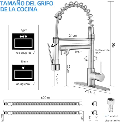 Grifo Mezclador para Fregadero de Cocina, Acero Inoxidable, Monomando con Rociador Retráctil 360°, Estilo Moderno, Negro Mate, 2 Salidas con Mangueras Incluidas