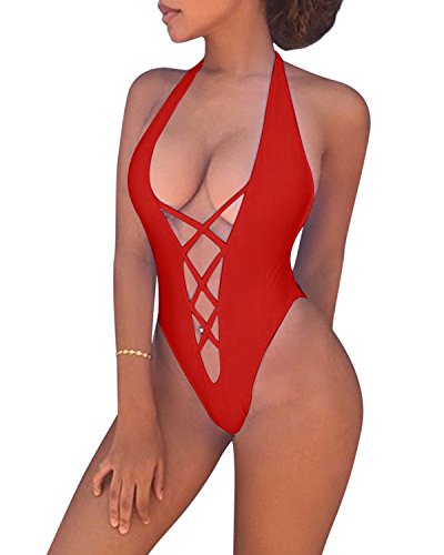 Sexy Womens Monokini Deep V Swimwear One Piece Bikini Lace up Halter (Red, Medium)