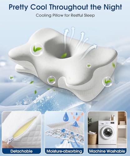 Memory Foam Pillow, Ergonomic Orthopedic Pillow for Neck and Shoulder, Neck Support Pillow for Back, Side, Stomach Sleepers ,Cooling Cervical Pillow with 2 Removable Cover, 2 Adjustable Height