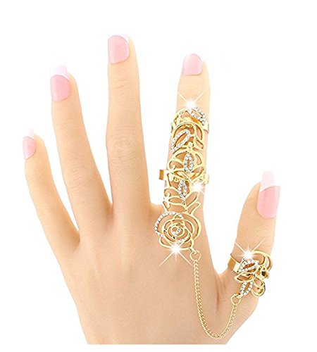 Charm Crystal Rhinestone Hollow Metal Chain Link Multiple Finger Stack Knuckle Rose Rings Set