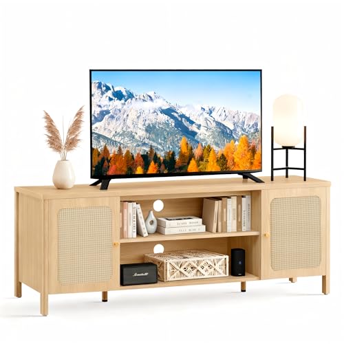 KISLOT Rattan TV Stand for TVs up to 75'' Boho Entertainment Center with Adjust…