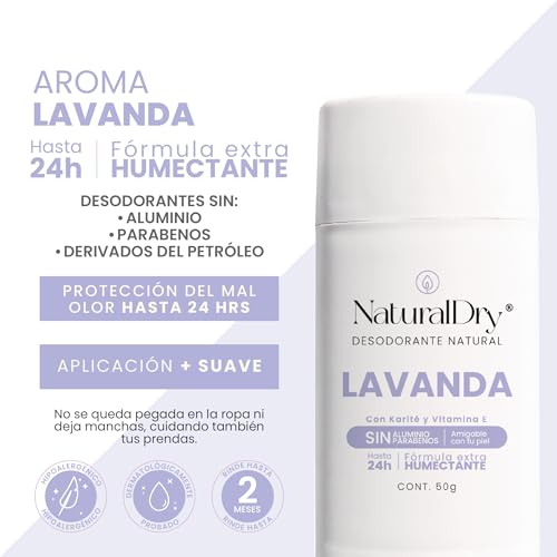 NaturalDry - Desodorante Natural Mujer - Sin Aluminio - Sin Parabenos - No obstruye los poros - Elimina el mal olor - NO HUELES - En barra olor Lavanda para axilas - Duración de 24h (1 unidad)