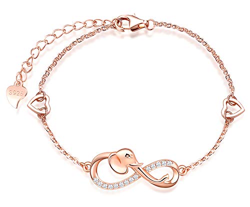 MicLee Woman's girl's Bracelet, 925 Sterling Silver bracelet, Elephant and infinity symbol bracelet, with mini hollow heart, Inlaid zircon, adjustable chain, design of animal bracelet