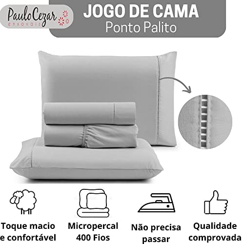 Jogo de Cama Queen Percal 400 Fios Ponto Palito 04 Peças, Antiácaro, Anti-pilling com Toque Macio - Cinza