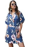Angashion Women's Dresses- Casual Floral Deep V Neck Short Sleeve Tie Waist Mini Skater T Shirt Dress 032 Blue Grey L