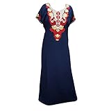 Womens Kaftan Boho Dresses Blue Neck Embroidered Caftan Hippie House Dress