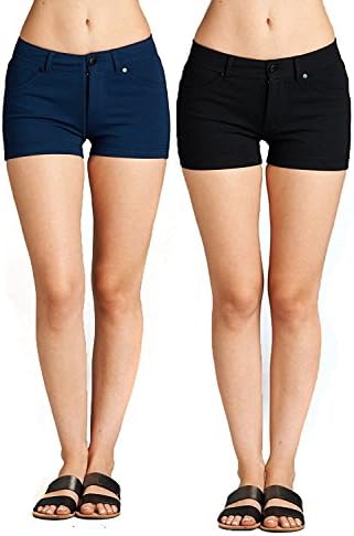 Emmalise Women's Summer Casual Stretchy Low Rise Booty Shorts - Black Navy 2Pk, L