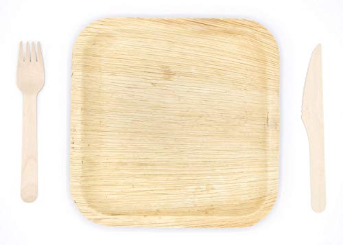 Holiday Party Dinnerware Eco Set of 75 Eco-Friendly Dinnerware - 25 Disposable 8" Square Palm Leaf Plates, 25 Wood Forks, 25 Wood Knives