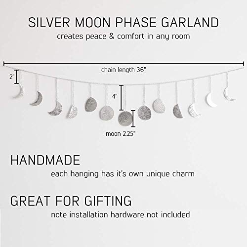 Moon Decor Wall Decorations | Boho Accents Wall Decor | Moon Phases Wall Art | Moon Phase Wall Hanging | Bohemian Decor for Bedroom, Home, Living Room, Apartment or Dorm (Long Garland, Silver Metal) - Thumbnail 5