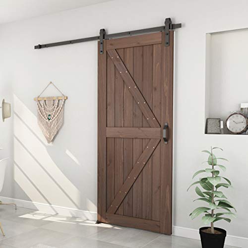 Genius Iron Light Walnut 36inx84in Barn Door with 6.6FT Sliding Door Hardware Kit & Flush and Pull Set & Floor Guide, Pre-Drilled Ready to Assemble Environmental Solid Fir Wood Door Panel, K-Frame