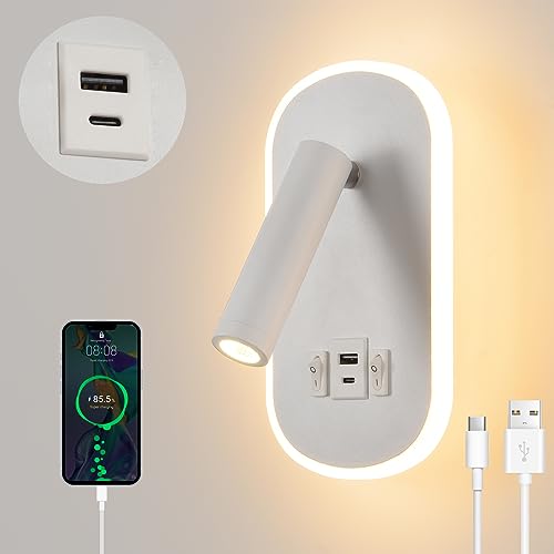 LED Reading Lamp with Switch, USB Charging Port + Type C Reading Light, 3W 3000K+9W 6000K Rotatable Wall Light for Reading, Indoor Inblack Wall Lighting, Night Lamp Bedroom Hotel