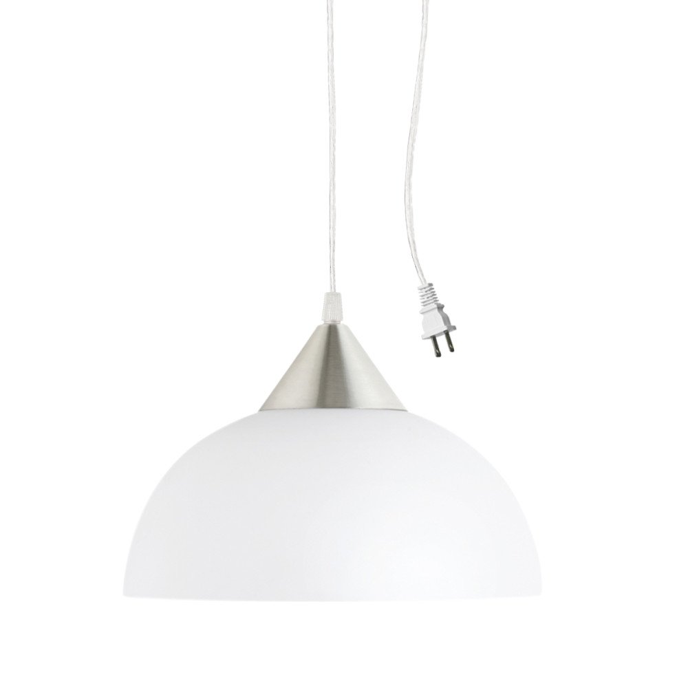 GLOBE Electric 64413 1-Light Plug-in Pendant, Brushed Steel, Frosted White Shade, 15ft Clear Cord, in-Line On/Off Switch, E26 Base Socket, Kitchen Island, Café, Hanging Light, Bulb Not Included