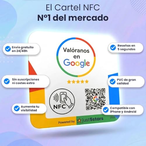 just5stars - Google Reviews Poster - NFC and QR - No Subscriptions - 12cm x 12cm - Includes sticker and stand.