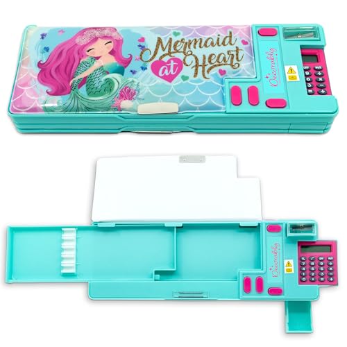 Decorably Pop Up Multifunctional Mermaid Pencil Case for Girls with Calculator, Sharpener, Pen Slots and Mini Drawer - Pop Up Pencil Box for Girls with 2 Main Compartments