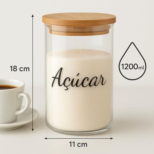 Potes Herméticos de Vidro com Tampa de Bambu 1200ml Conjunto com 2 Unidades para Café e Açúcar Transparente