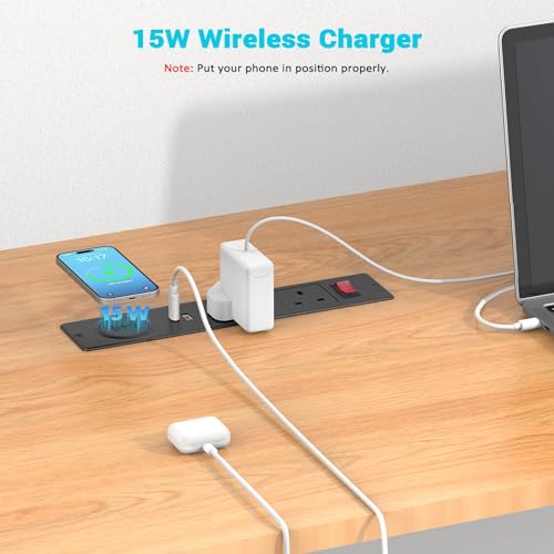 LBOYLOVE® Recessed Desk Power Socket, Hidden Plug Socket with 2 UK Plugs, 2 USB Ports, 15W Wireless Charging and 2M/6.56FT Cable, Furniture Power Strip with Overload Switch for Home Office Desktop