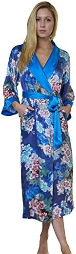 Dynasty Robes 100% Silk, Women's Printed Long Robe with Shawl Collar-Blue Sakura