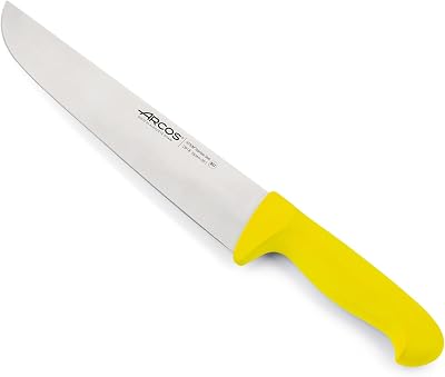 Faca de talhante com lâmina de aço inoxidável de 250 mm. Corta carne, peixe e legumes profissionais com faca de cozinha. Cabo ergonómico de polioximetileno. Série 2900. Cor amarela.
