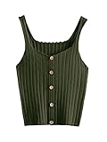 SweatyRocks Women's Sleeveless Vest Button Front Crop Tank Top Ribbed Knit Belly Shirt Army Green One Size