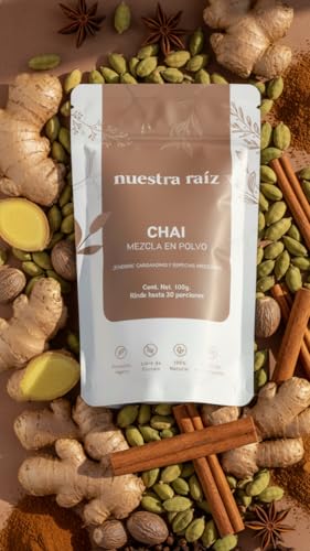 Nuestra Raíz | Chai Latte en polvo ingredientes 100% Naturales y Órgánicos | 100 gr | Sin Azúcar, Sin Lácteos, Sin Saborizantes, Sin Glúten, Sin Conservadores, Sin colorantes | Mezcla de Jengibre Orgánico, Canela de Ceylán Orgánica, Cardamomo, Clavo, Nuez Moscada y Pimienta Orgánica | Hecho en México