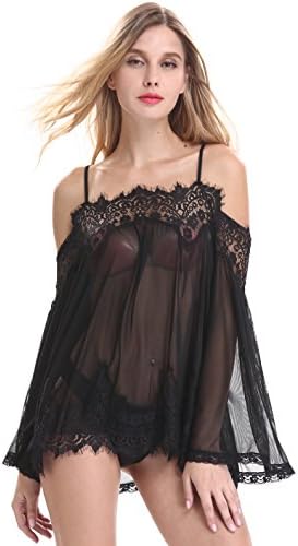 Women Lingerie Lace Babydoll Dress Transparent Sleepwear Chemises Outfit (Black)
