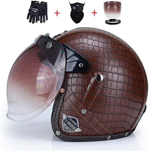 DUBAOBAO Motorcycle electric helmet, retro Harley four seasons half helmet, removable and washable earmuffs, electric sun protection helmet, helmet goggles gloves mask set of 4