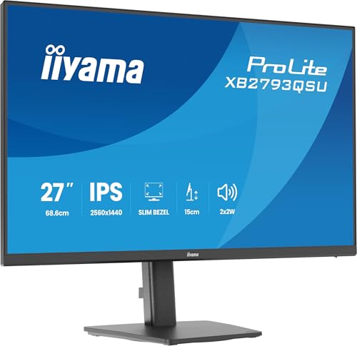 iiyama Prolite XB793QSU-B1 68,5cm 27" IPS LED-Monitor QHD HDMI DP USB2.0 Slim-Line Höhenverstellung Pivot Adaptive Sync Energieklasse D schwarz