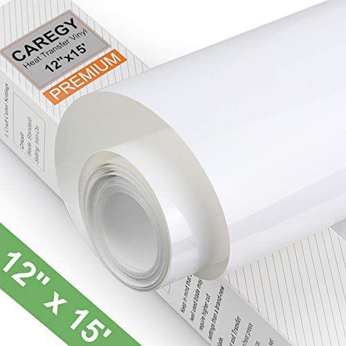 HTV Iron on Vinyl 12 inch x15 Feet Roll by CAREGY Easy to Cut & Weed Iron on Heat Transfer Vinyl DIY Heat Press Design for T-Shirts Glossy White