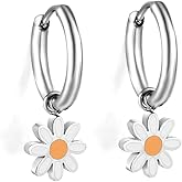 Daisy Flower Small Hoop Charm Earrings for Women Dainty Cute Stainless Steel Silver/Gold-Tone Lucky Flowers Short Dangle Drop Cartilage Huggie Hoops Fashion Jewelry