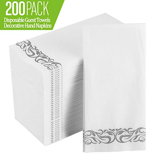 [200 Pack] Disposable Guest Towels Soft and Absorbent Linen-Feel Paper Hand Towels Durable Decorative Bathroom Hand Napkins for Kitchen,Parties,Weddings,Dinners or Events,White and Silver