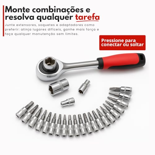 Kit Ferramentas 46 Peças com Catraca, Soquetes Allen Torx 1/4" e Extensão – Maleta Compacta Completa para Uso Profissional Automotivo e Doméstico