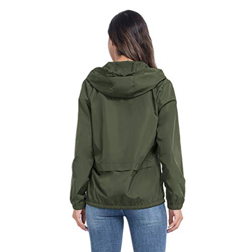 JTANIB Waterproof Windbreaker for Women, Active Outdoor Hooded Lightweight Packable Rian Coats L Arm Green - Thumbnail 2