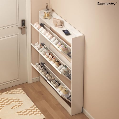 Beauenty Shoe Storage Cabinet, Shoe Storage Organizer, Narrow Shoe Cabinet with 3 Flip Drawers, Wooden Hidden Organizer for Entrywa, Modern Furniture, 100 * 17 * 120 (Wood 5)