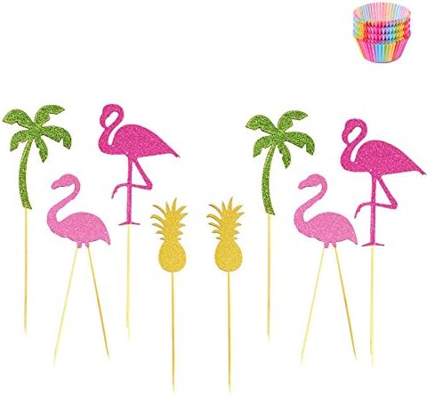 16pcs Hawaii Pineapple Flamingo Cupcake Toppers &amp; Wrappers Baby Shower Girl Birthday Party Cupcake Toppers Wedding Bridal Shower Included 100pcs Cupcake Wrappers