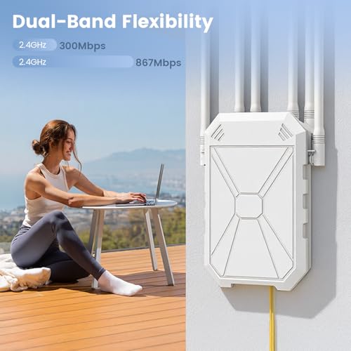 AC1200 Outdoor WiFi Extender, Long Range Outdoor WiFi Extender Signal Booster, IP67 Weatherproof, Repeater/AP/Router Mode, Passive PoE, WPA3 Security, for Patio, Starlink, Yard, Farm