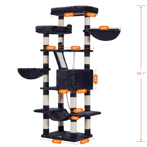 Heybly Cat Tree for Large Cats,68 inch Multi-Level Cat Tower for Indoor Cats,2 Widened Plush Perches Cat Condo with Scracthing Board and Big Caves,Smoky Gray HCT025G