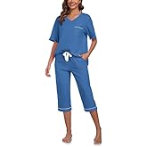 CF Women Pajama Sets 100% Cotton 2 Piece Lounge Sets Short Sleeve Shirt and Capri Pants with Pockets Ladies Pjs Sets