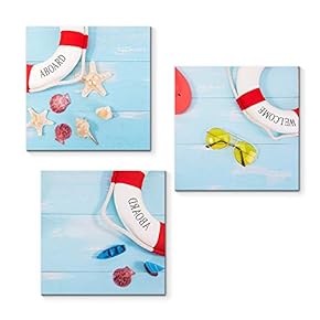 3 Piece Canvas Wall Art for Living Room Bedroom Home Artwork Starfish Shell Fishing Net Sands Beach Paintings Ready to Hang - 12"x12"x3 Panels