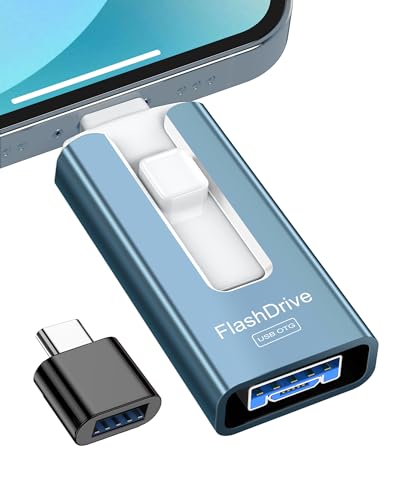GNASEET 256GB Memoria Externa para Phone y Android,USB 3.0 Alta Velocidad, Pendrive para Phone 4 en 1 con USB-C/Micro USB/USB-A, Disco Duro Externo para Phone para Fotos, Vídeos y Datos, Azul