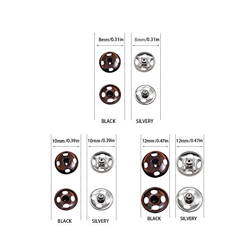 Meikeer 100 Sets Sew-on Snap Buttons Brass Snap Fastener Buttons Press Button Sew on Press Studs for Sewing Clothing Silvery and Black(8.5mm,10mm,12mm)