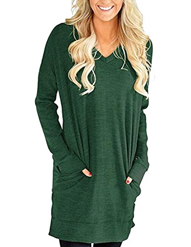 Buauty Green V Neck Tunic Tops Loose T Shirt Dresses for Women Long Sleeve